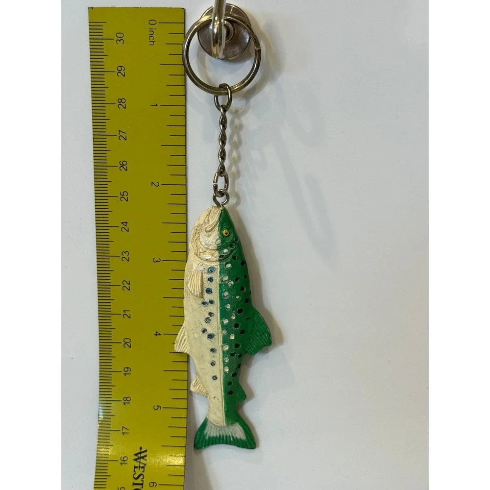 Vintage Trout Fish Keychain Green White Split Color Fishing Lure Style Charm
